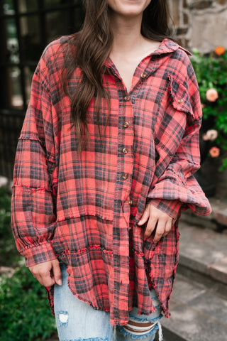 Everyday Plaid Button-Up Oversized Flannel - Faded Red