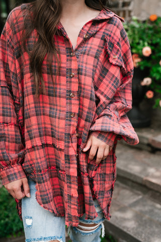 Everyday Plaid Button-Up Oversized Flannel - Faded Red