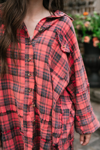 Everyday Plaid Button-Up Oversized Flannel - Faded Red