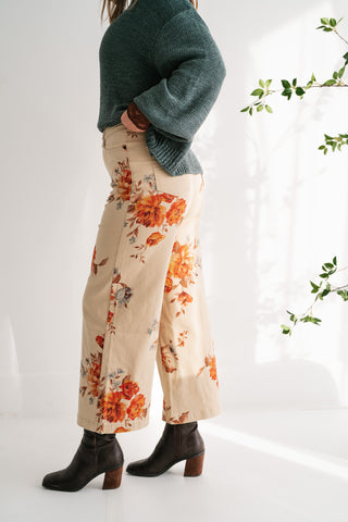 Floral Meadow Wide Leg Denim Pants - Khaki