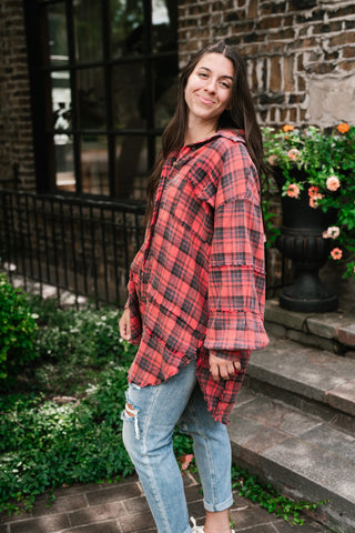 Everyday Plaid Button-Up Oversized Flannel - Faded Red