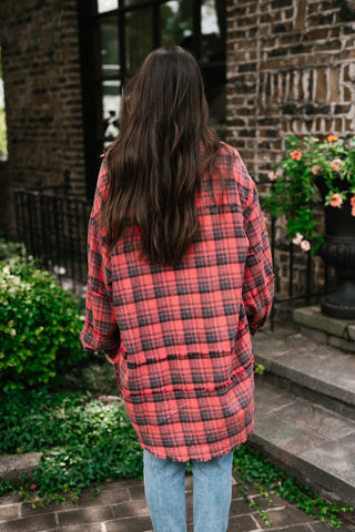 Everyday Plaid Button-Up Oversized Flannel - Faded Red