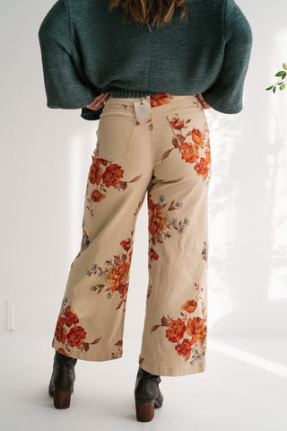 Floral Meadow Wide Leg Denim Pants - Khaki