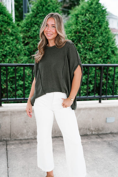 Wander Free Drop Shoulder Relaxed Pullover Sweater - Green