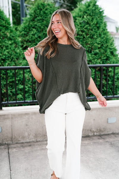 Wander Free Drop Shoulder Relaxed Pullover Sweater - Green