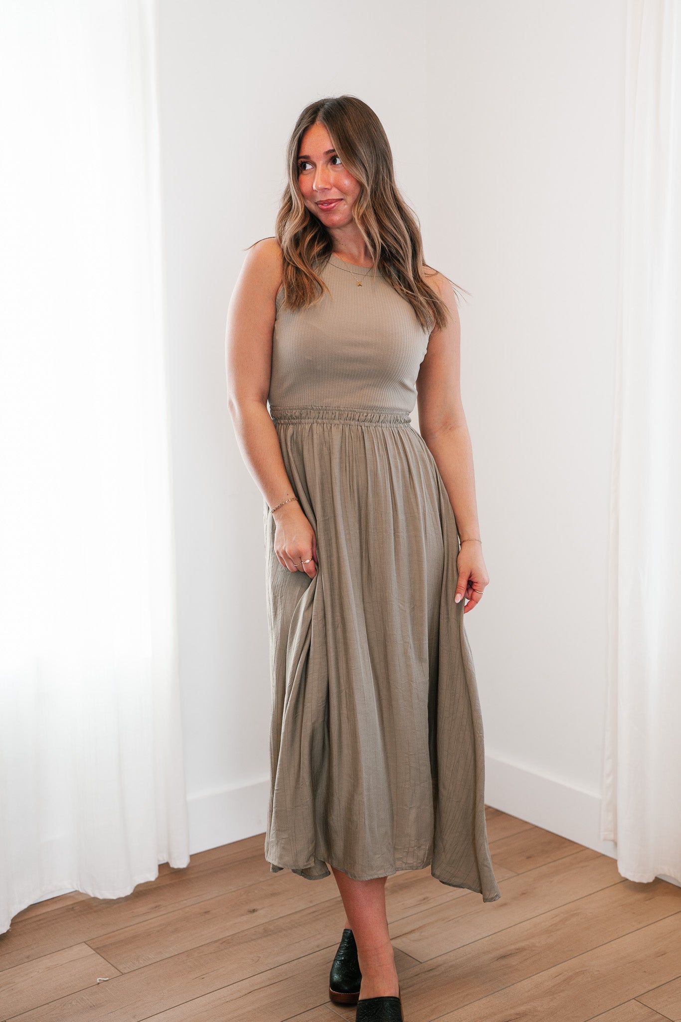 Olive Everyday Luxe Ribbed Satin Dress