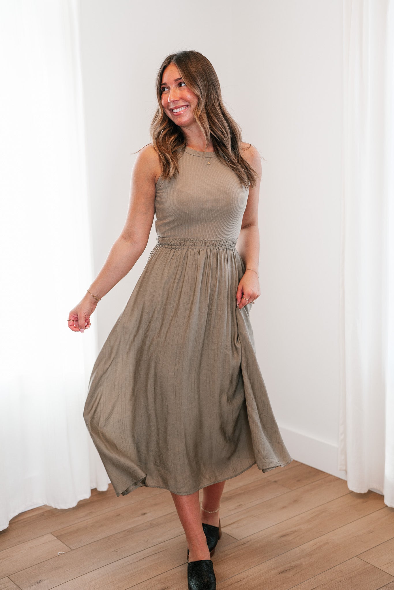 Olive Everyday Luxe Ribbed Satin Dress