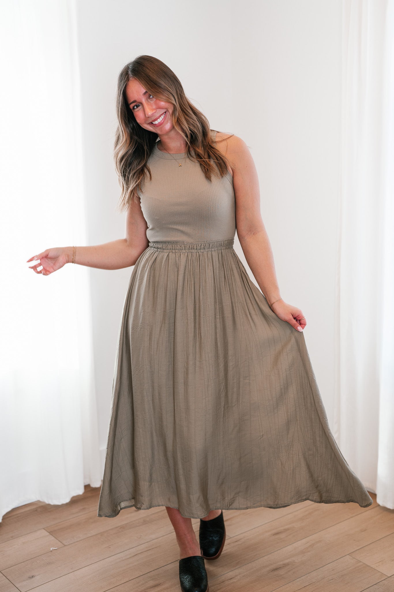 Olive Everyday Luxe Ribbed Satin Dress