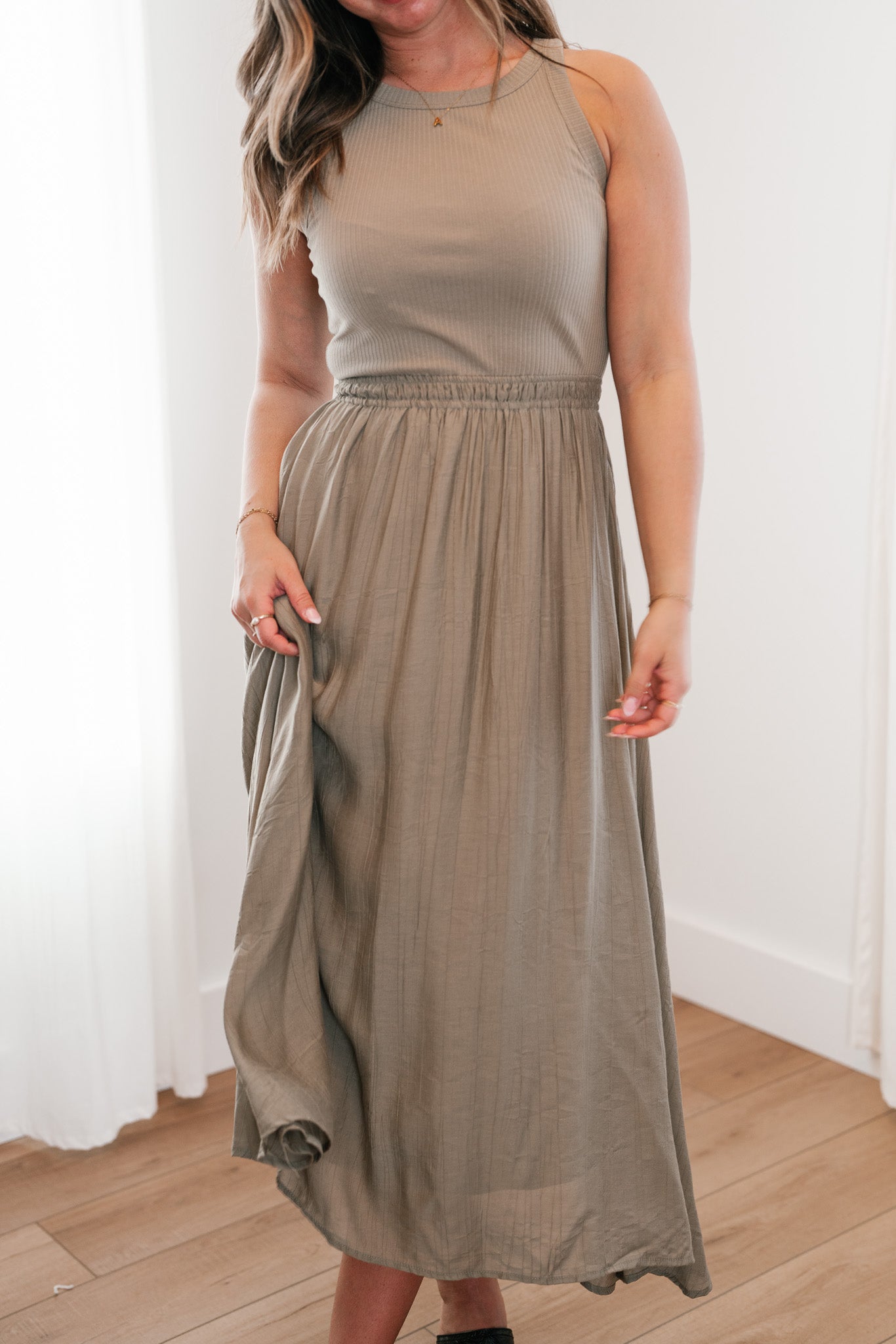 Olive Everyday Luxe Ribbed Satin Dress