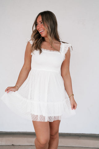 Moment In TIme Smocked Mini Dress - White