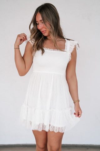 Moment In TIme Smocked Mini Dress - White