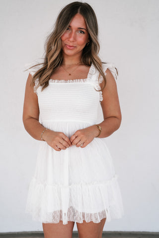 Moment In TIme Smocked Mini Dress - White