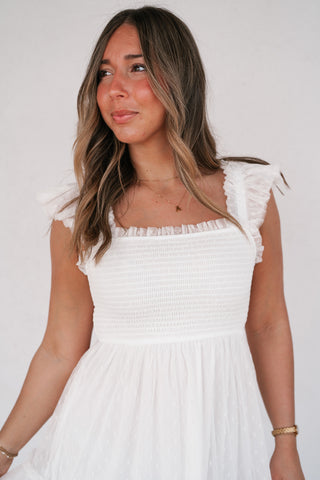 Moment In TIme Smocked Mini Dress - White