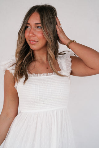 Moment In TIme Smocked Mini Dress - White