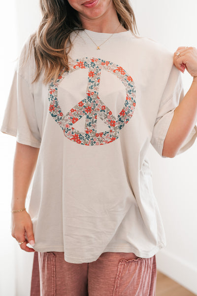 Beige Peace Vibes Oversized Tee