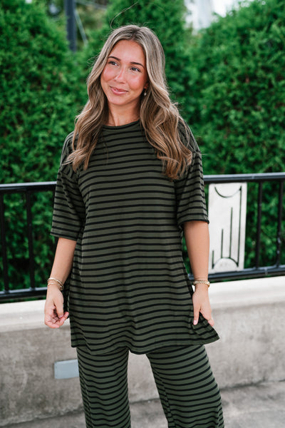 Good Feels Relaxed Striped Set Top - Olive
