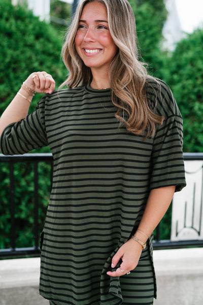 Good Feels Relaxed Striped Set Top - Olive