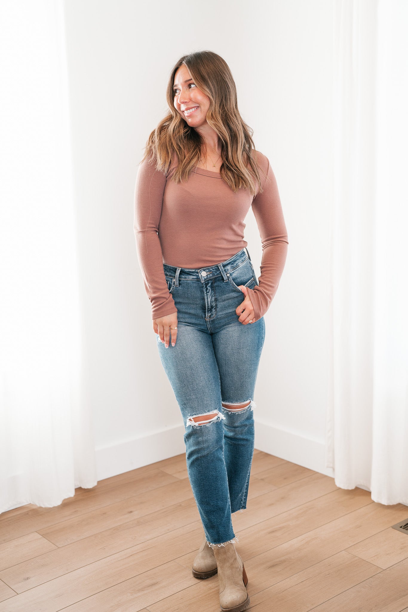 Dusty Mauve Ribbed Long Sleeve Top