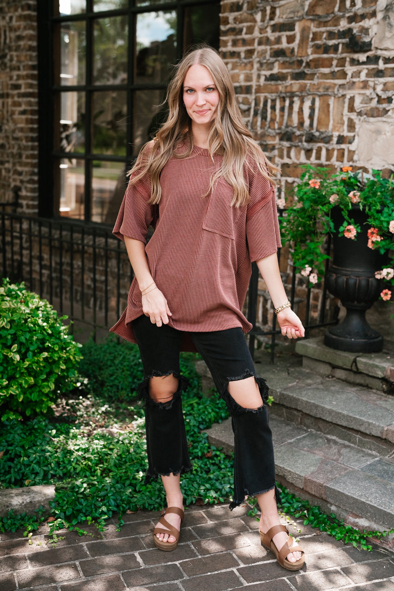 Forever Timeless Relaxed Ribbed Top- Rust