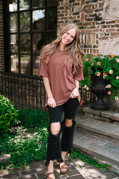 Forever Timeless Relaxed Ribbed Top- Rust