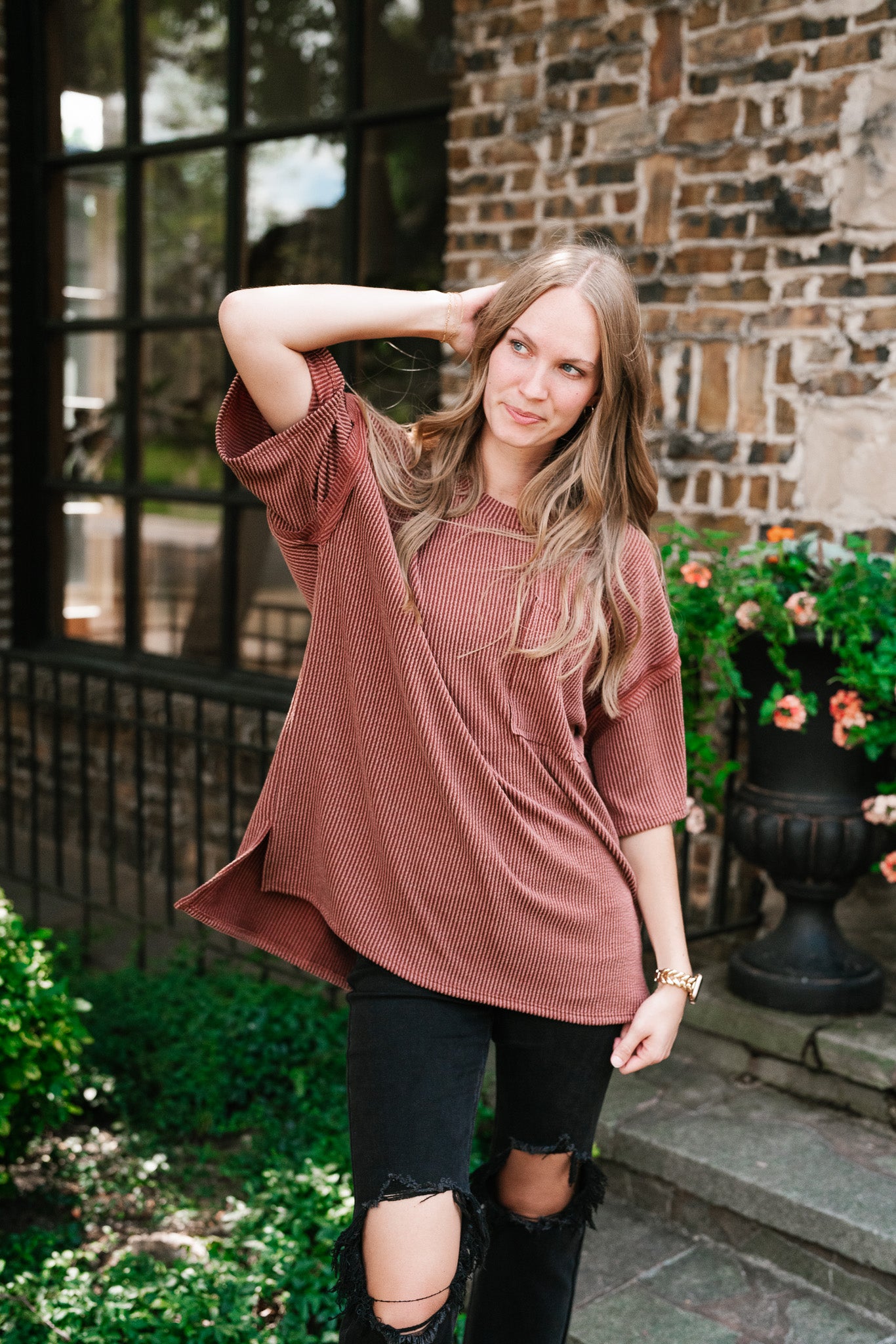 Forever Timeless Relaxed Ribbed Top- Rust