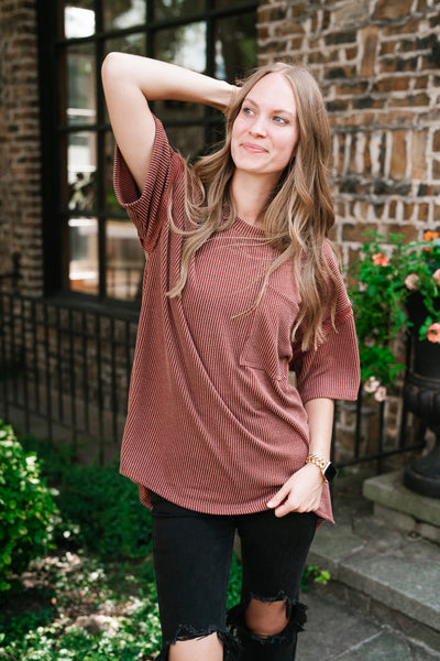 Forever Timeless Relaxed Ribbed Top- Rust