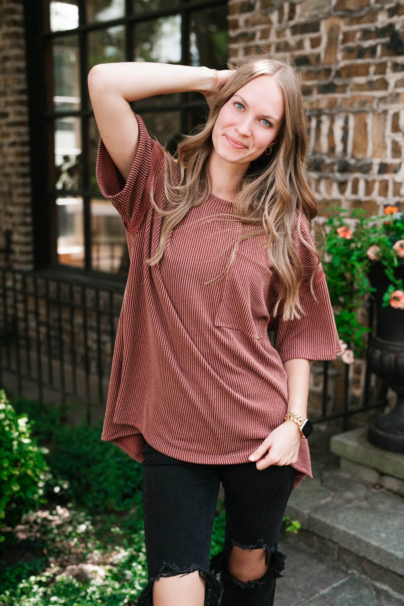 Forever Timeless Relaxed Ribbed Top- Rust