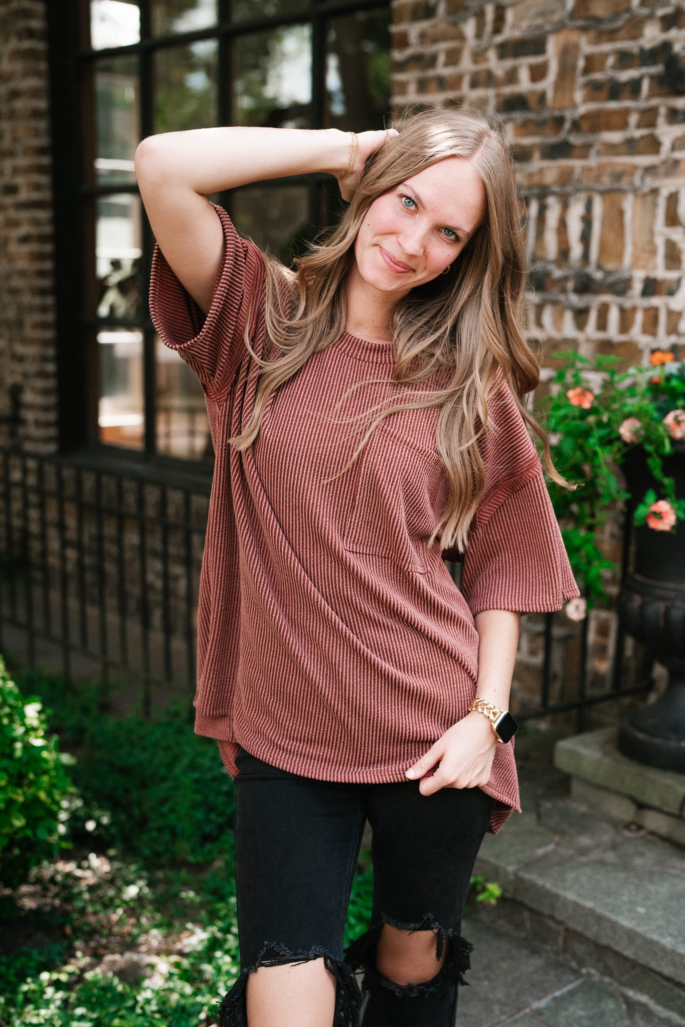 Forever Timeless Relaxed Ribbed Top- Rust