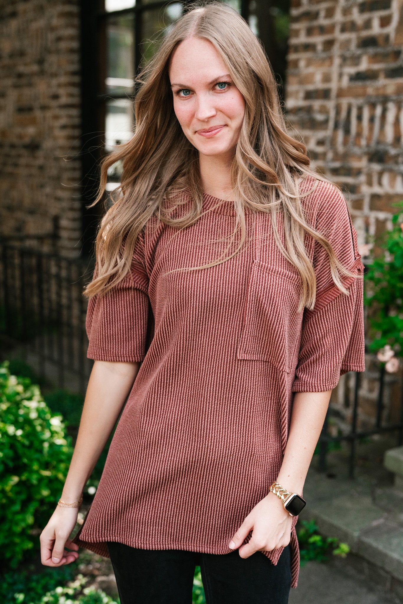 Forever Timeless Relaxed Ribbed Top- Rust