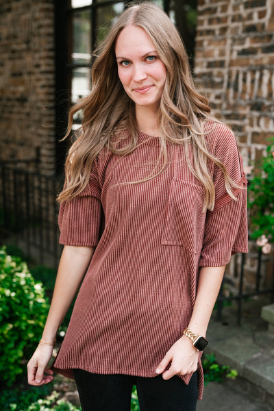 Forever Timeless Relaxed Ribbed Top- Rust