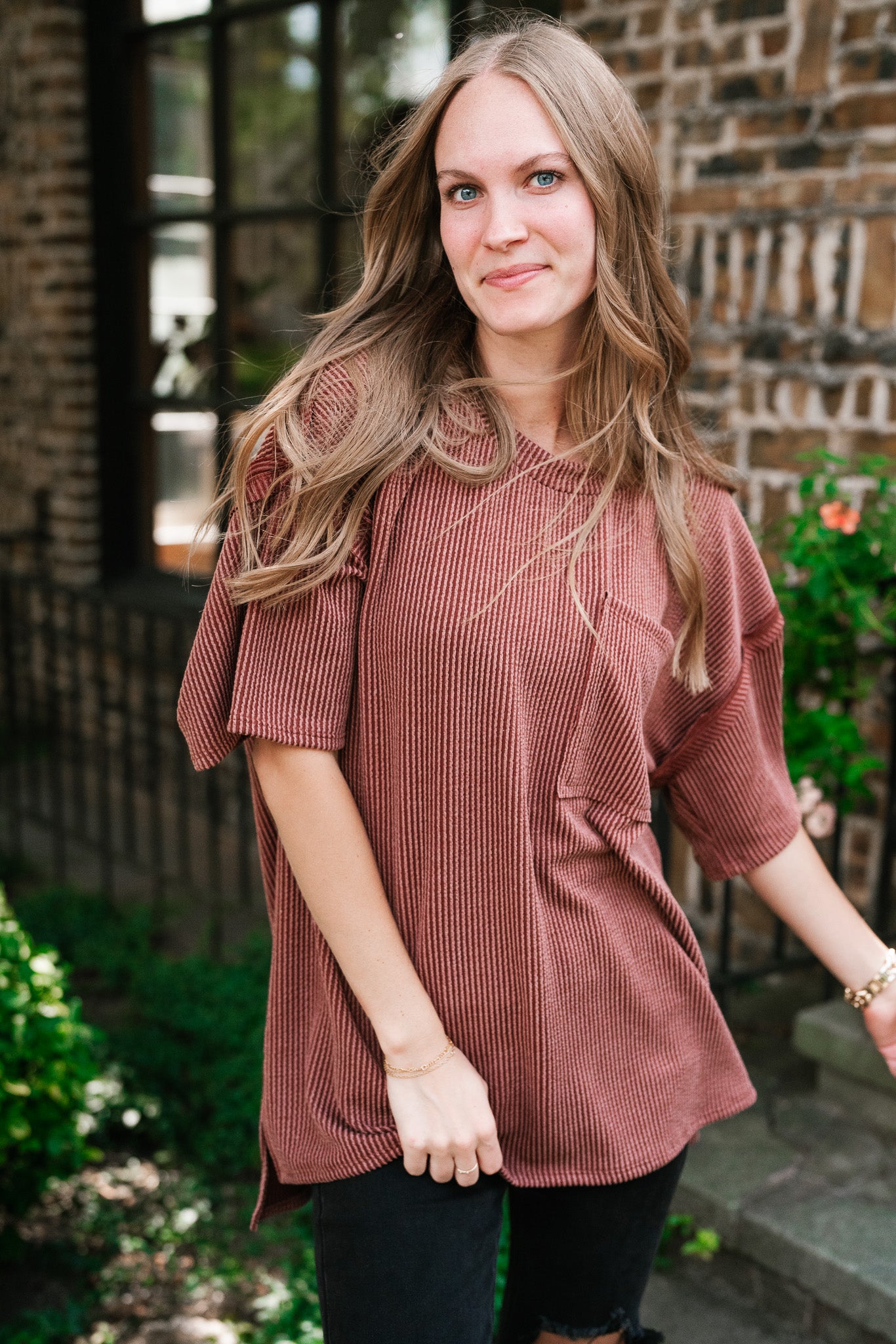 Forever Timeless Relaxed Ribbed Top- Rust