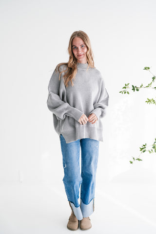 Misty Ridge Ribbed Mock Neck Oversized Sweater - Grey