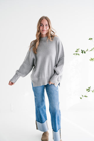Misty Ridge Ribbed Mock Neck Oversized Sweater - Grey