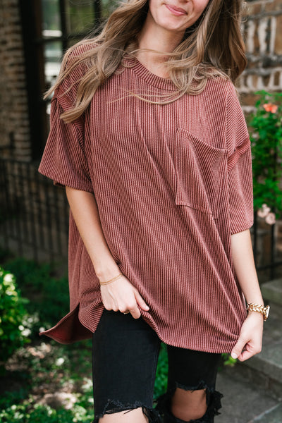 Forever Timeless Relaxed Ribbed Top- Rust