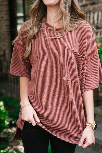 Forever Timeless Relaxed Ribbed Top- Rust