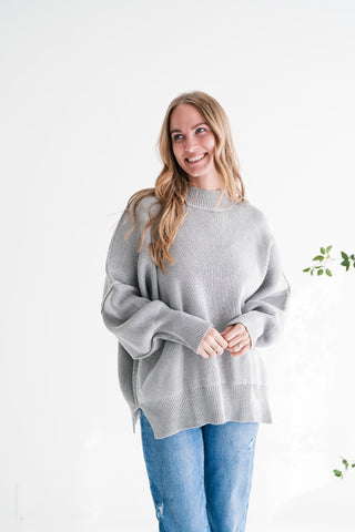 Misty Ridge Ribbed Mock Neck Oversized Sweater - Grey