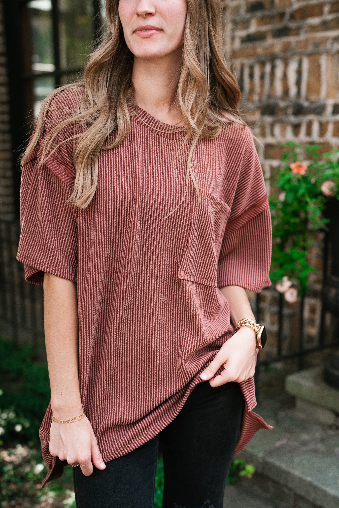 Forever Timeless Relaxed Ribbed Top- Rust