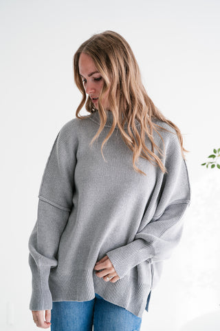 Misty Ridge Ribbed Mock Neck Oversized Sweater - Grey