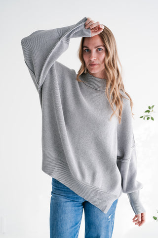 Misty Ridge Ribbed Mock Neck Oversized Sweater - Grey