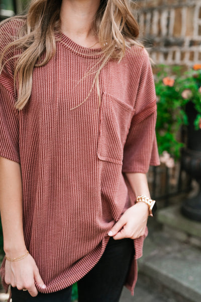 Forever Timeless Relaxed Ribbed Top- Rust