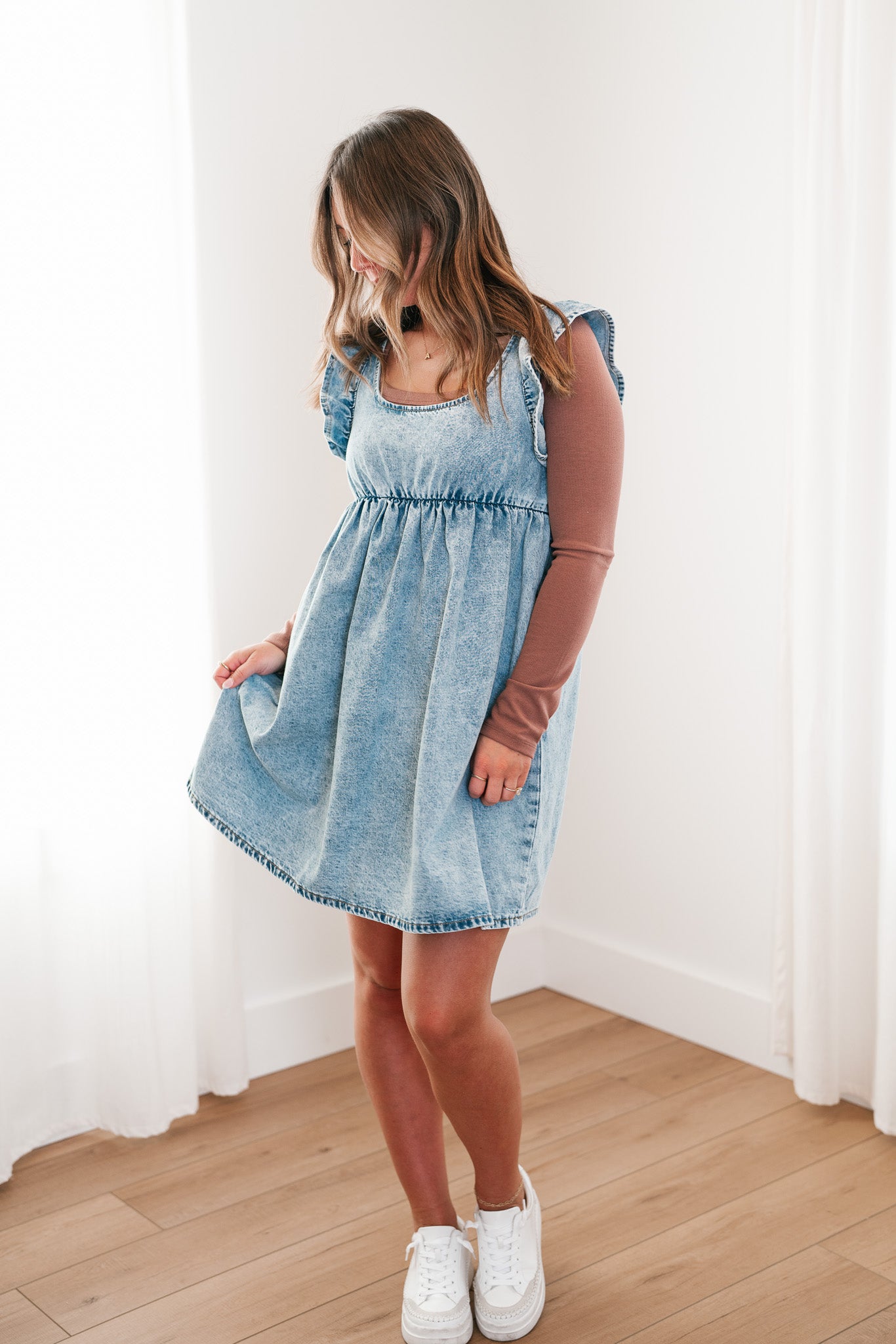 Dainty Ruffle Tie-Back Mini Denim Dress