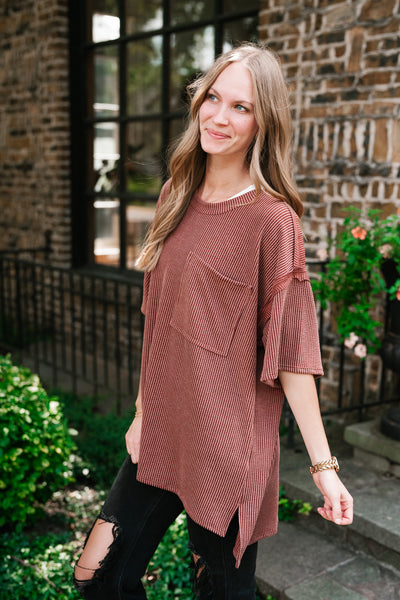 Forever Timeless Relaxed Ribbed Top- Rust