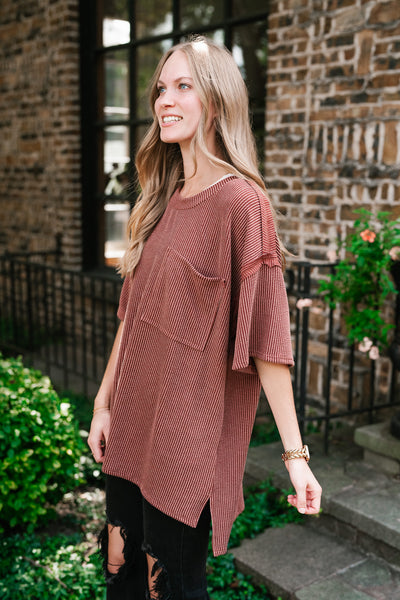 Forever Timeless Relaxed Ribbed Top- Rust