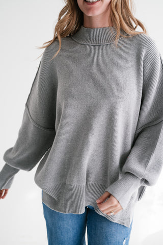 Misty Ridge Ribbed Mock Neck Oversized Sweater - Grey