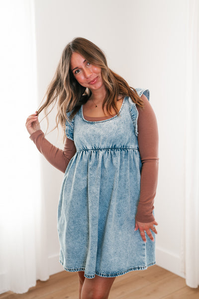 Dainty Ruffle Tie-Back Mini Denim Dress