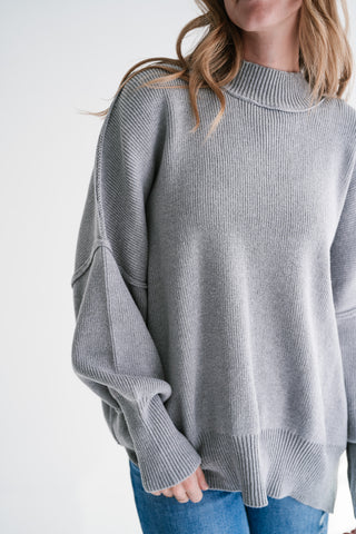 Misty Ridge Ribbed Mock Neck Oversized Sweater - Grey