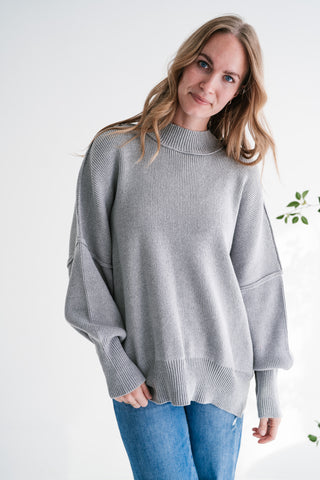 Misty Ridge Ribbed Mock Neck Oversized Sweater - Grey