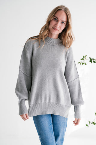 Misty Ridge Ribbed Mock Neck Oversized Sweater - Grey
