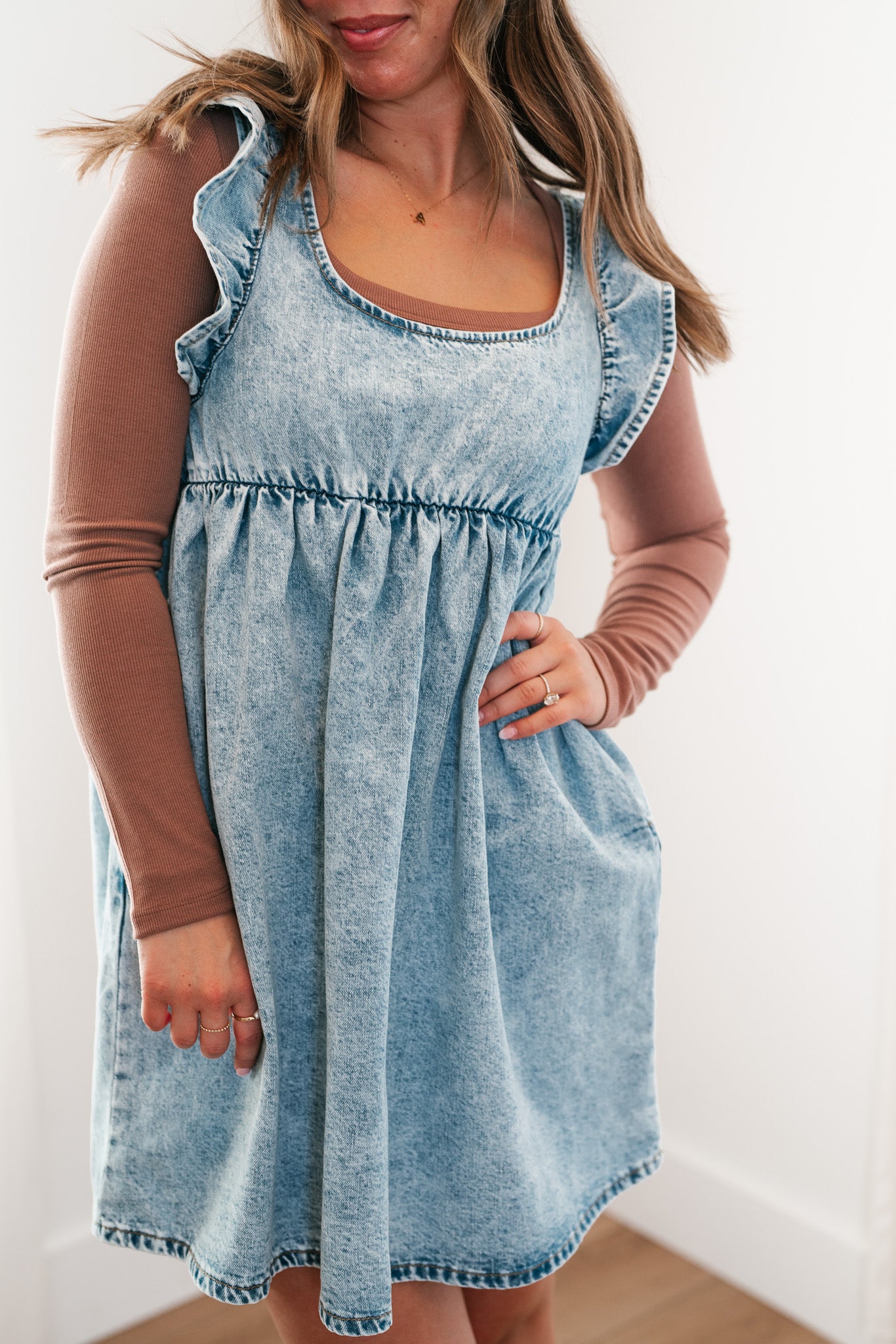 Dainty Ruffle Tie-Back Mini Denim Dress