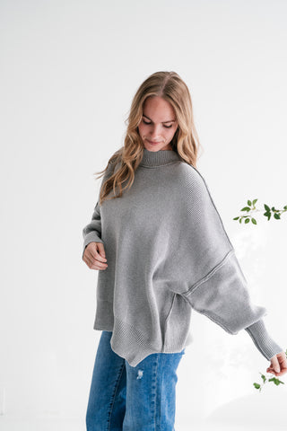 Misty Ridge Ribbed Mock Neck Oversized Sweater - Grey